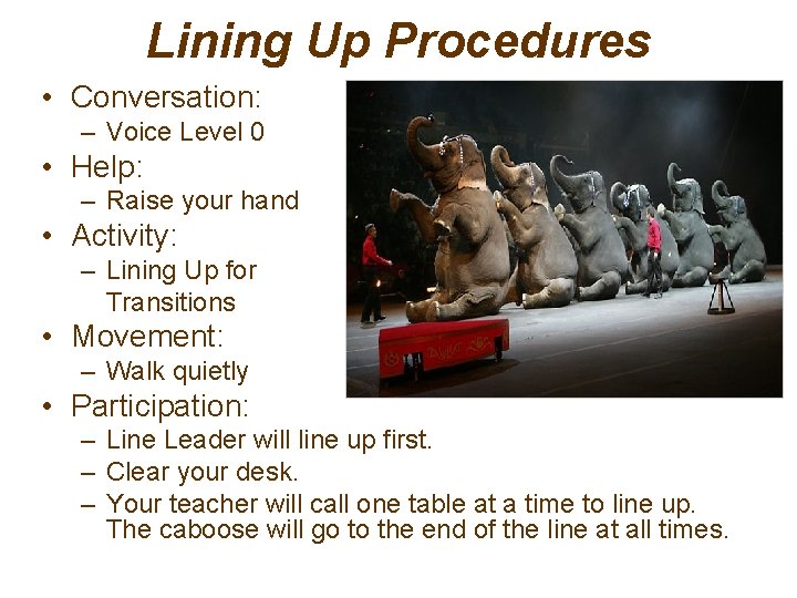 Lining Up Procedures • Conversation: – Voice Level 0 • Help: – Raise your