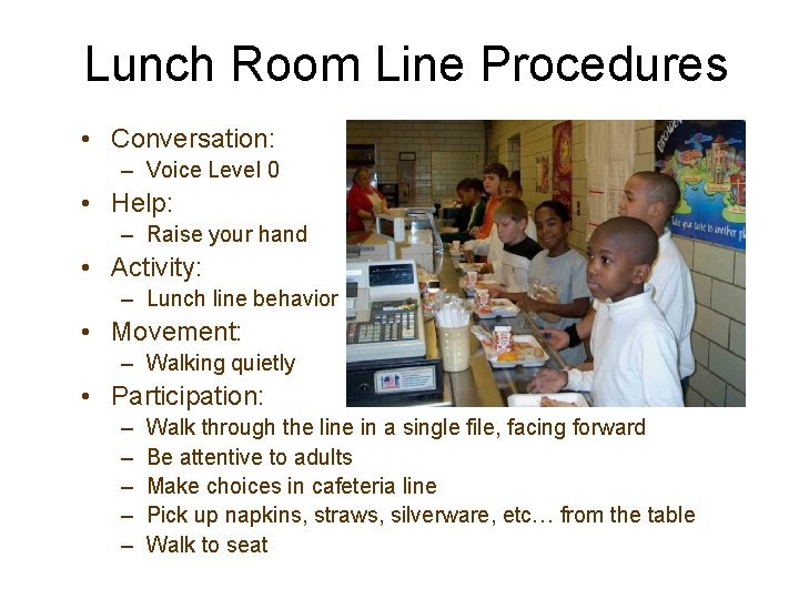 Lunch Room Line Procedures • Conversation: – Voice Level 0 • Help: – Raise