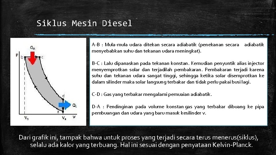 Siklus Mesin Diesel A-B : Mula-mula udara ditekan secara adiabatik (penekanan secara adiabatik menyebabkan