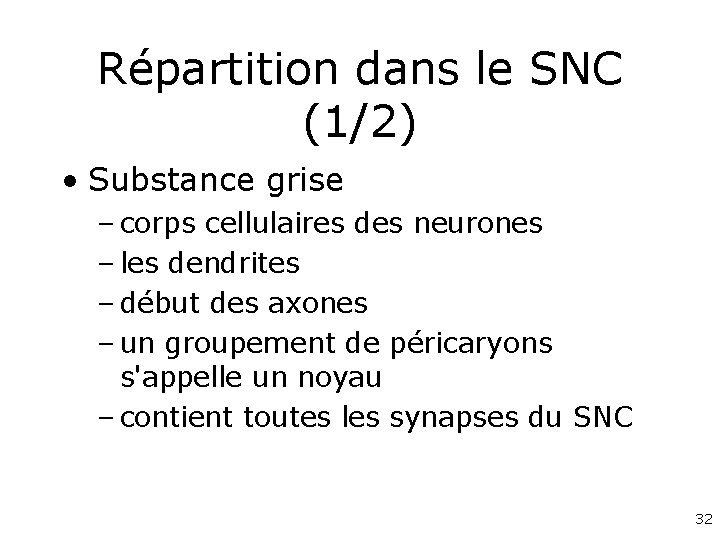 Répartition dans le SNC (1/2) • Substance grise – corps cellulaires des neurones –