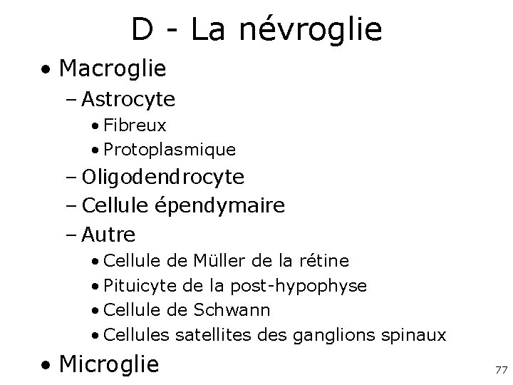 D - La névroglie • Macroglie – Astrocyte • Fibreux • Protoplasmique – Oligodendrocyte