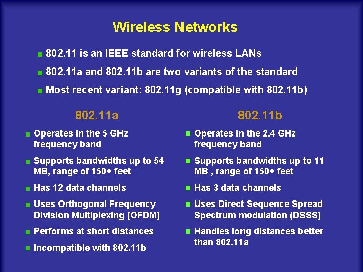 Wireless Networks 802. 11 is an IEEE standard for wireless LANs 802. 11 a