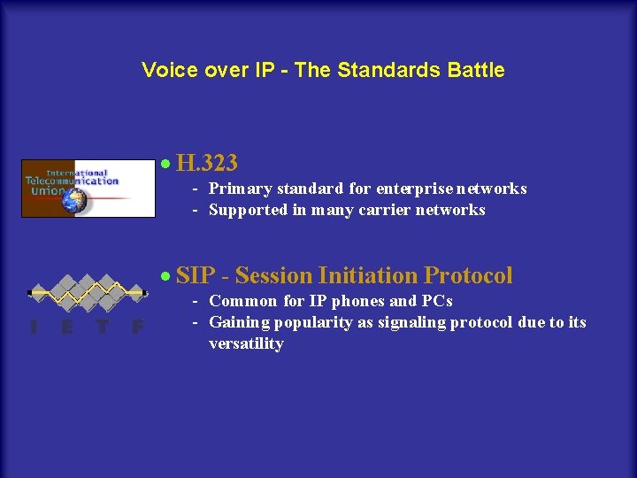 Voice over IP - The Standards Battle · H. 323 - Primary standard for