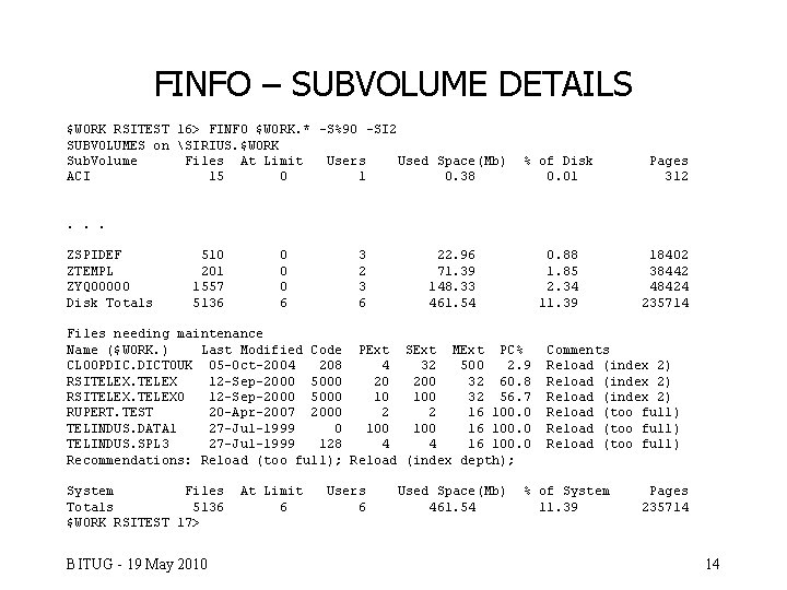 FINFO – SUBVOLUME DETAILS $WORK RSITEST 16> FINFO $WORK. * -S%90 -SI 2 SUBVOLUMES