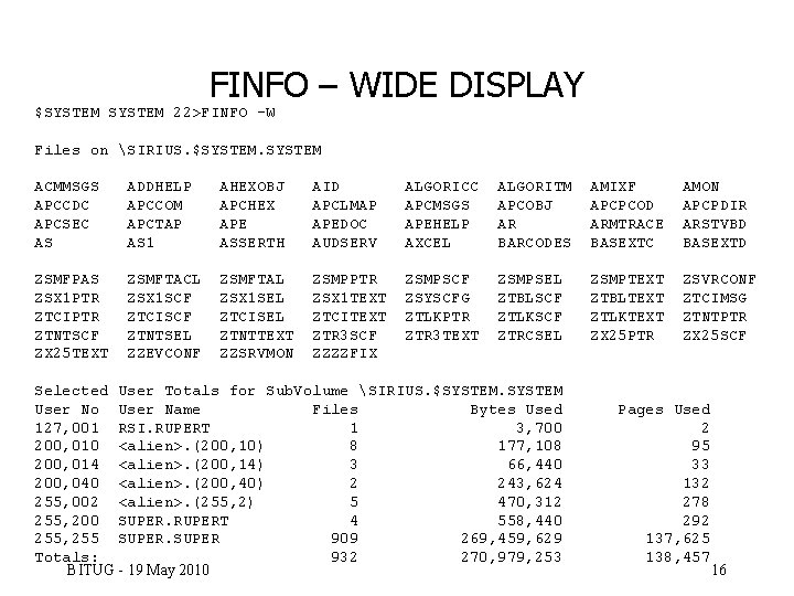 FINFO – WIDE DISPLAY $SYSTEM 22>FINFO -W Files on SIRIUS. $SYSTEM ACMMSGS ADDHELP AHEXOBJ