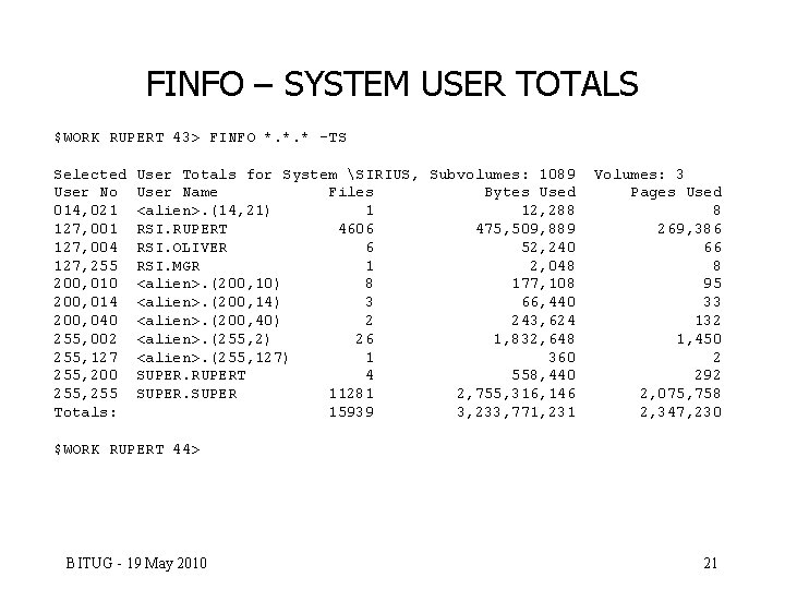 FINFO – SYSTEM USER TOTALS $WORK RUPERT 43> FINFO *. *. * -TS Selected