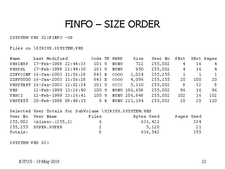 FINFO – SIZE ORDER $SYSTEM VHS 62>FINFO -OS Files on SIRIUS. $SYSTEM. VHS Name