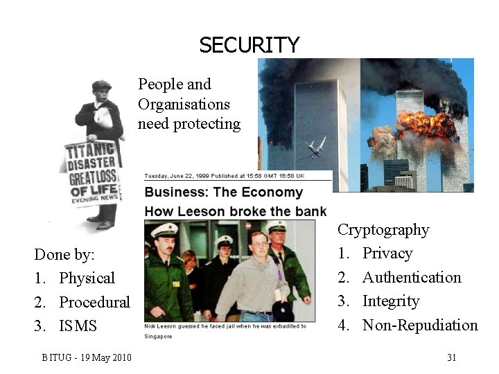 SECURITY People and Organisations need protecting Done by: 1. Physical 2. Procedural 3. ISMS