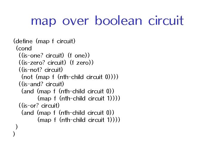 map over boolean circuit (define (map f circuit) (cond ((is-one? circuit) (f one)) ((is-zero?