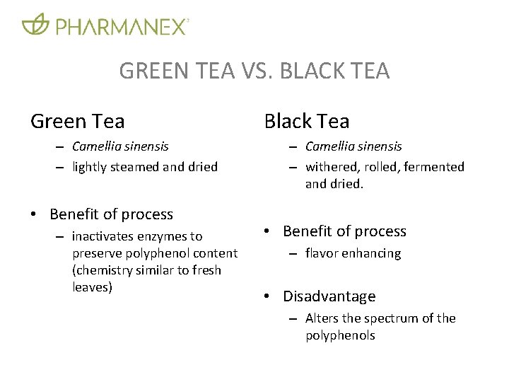 GREEN TEA VS. BLACK TEA Green Tea – Camellia sinensis – lightly steamed and