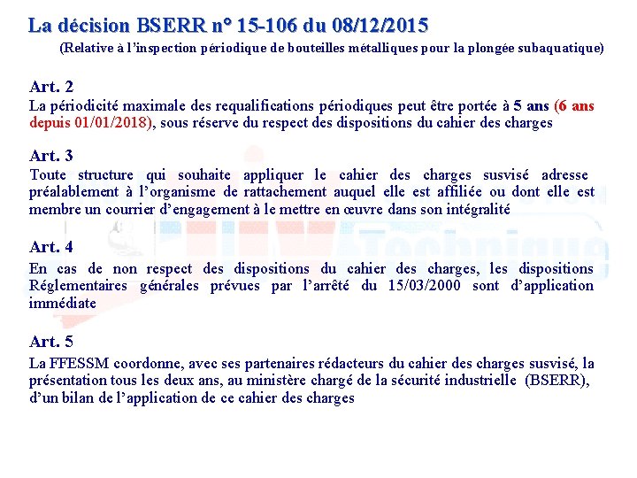 La décision BSERR n° 15 -106 du 08/12/2015 (Relative à l’inspection périodique de bouteilles