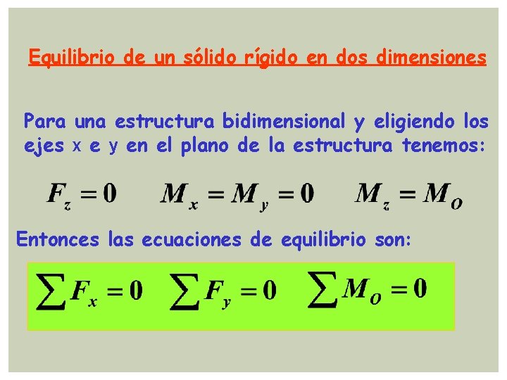 Equilibrio de un sólido rígido en dos dimensiones Para una estructura bidimensional y eligiendo