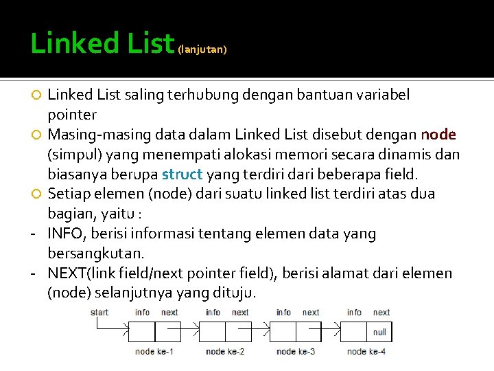 Linked List - - (lanjutan) Linked List saling terhubung dengan bantuan variabel pointer Masing-masing