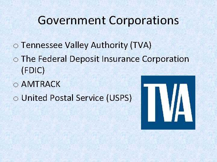Government Corporations o Tennessee Valley Authority (TVA) o The Federal Deposit Insurance Corporation (FDIC)