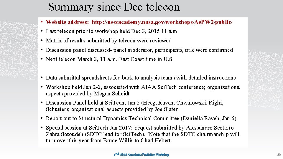 Summary since Dec telecon • Website address: http: //nescacademy. nasa. gov/workshops/Ae. PW 2/public/ •