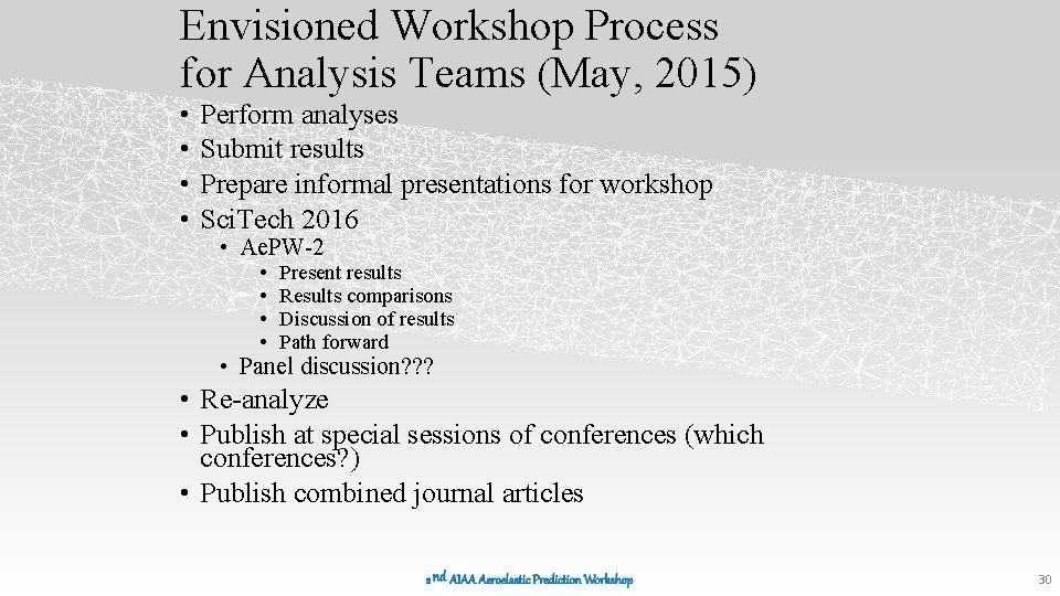 Envisioned Workshop Process for Analysis Teams (May, 2015) • • Perform analyses Submit results