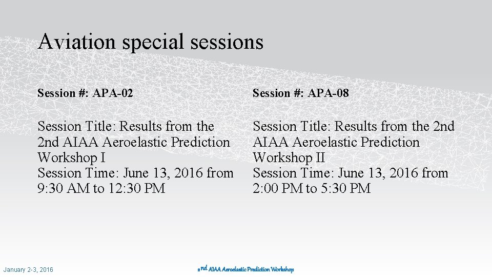 Aviation special sessions Session #: APA-02 Session #: APA-08 Session Title: Results from the