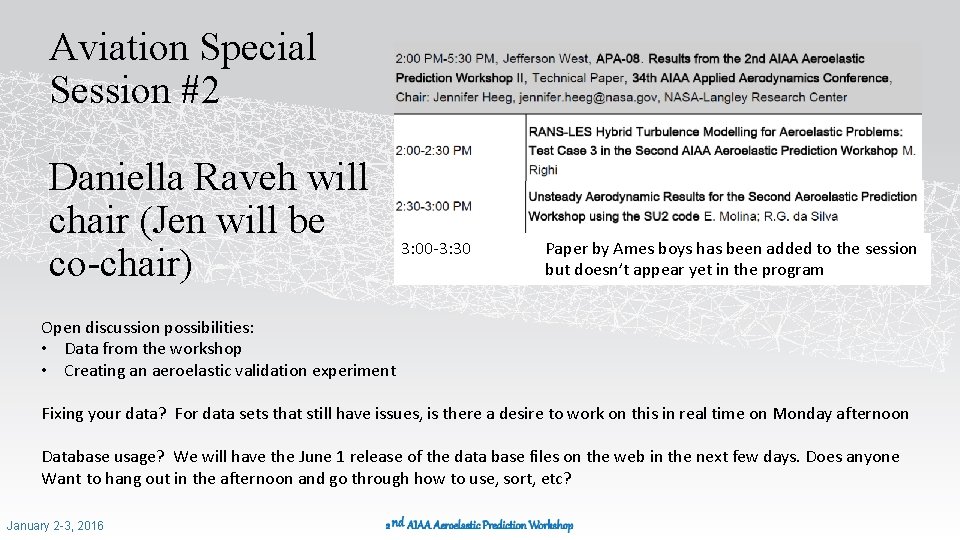 Aviation Special Session #2 Daniella Raveh will chair (Jen will be co-chair) 3: 00