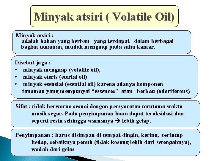 Minyak atsiri ( Volatile Oil) Minyak atsiri : adalah bahan yang berbau yang terdapat