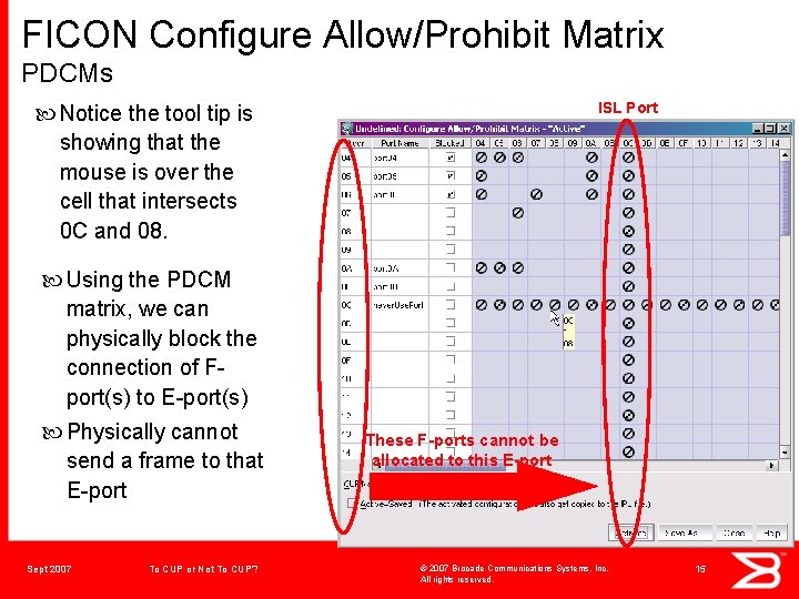 FICON Configure Allow/Prohibit Matrix PDCMs ISL Port Notice the tool tip is showing that