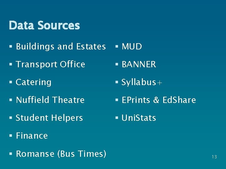 Data Sources § Buildings and Estates § MUD § Transport Office § BANNER §