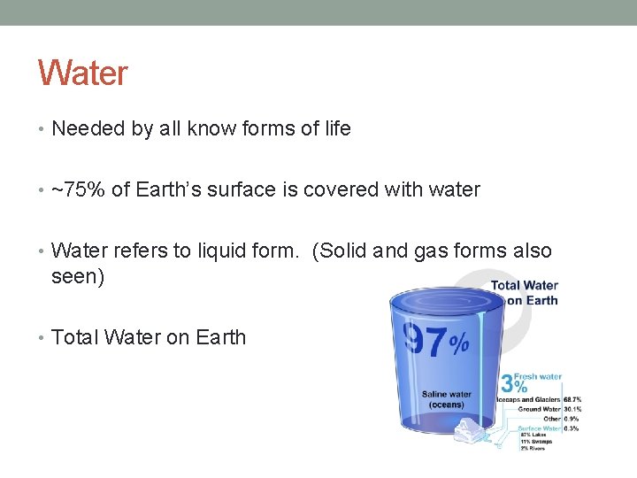 Water • Needed by all know forms of life • ~75% of Earth’s surface