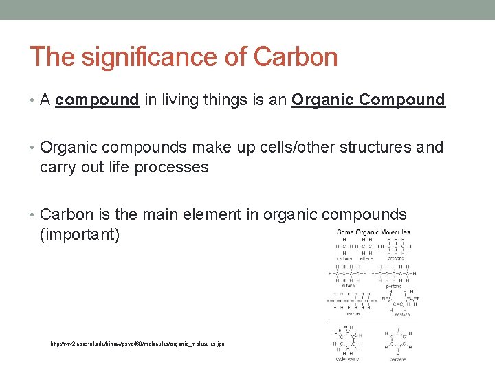 The significance of Carbon • A compound in living things is an Organic Compound