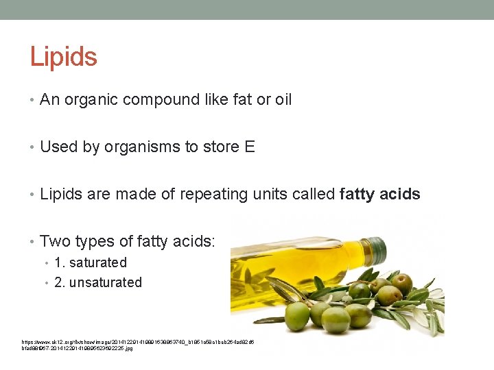 Lipids • An organic compound like fat or oil • Used by organisms to