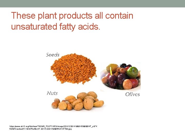 These plant products all contain unsaturated fatty acids. https: //www. ck 12. org/flx/show/THUMB_POSTCARD/image/201412291419891638908347_eb 74