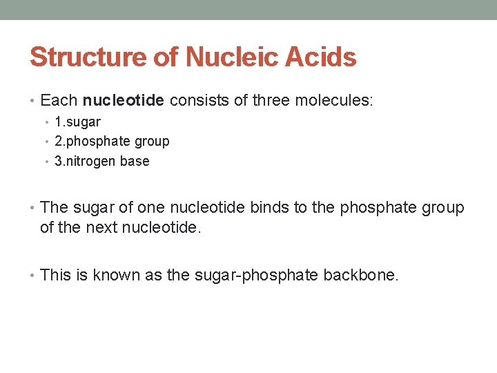 Structure of Nucleic Acids • Each nucleotide consists of three molecules: • 1. sugar