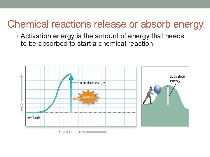 Chemical reactions release or absorb energy. • Activation energy is the amount of energy