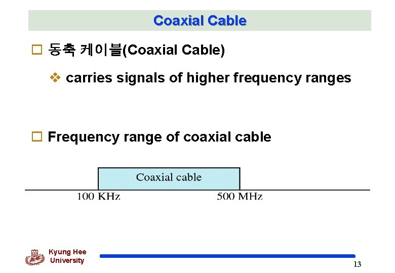 Coaxial Cable o 동축 케이블(Coaxial Cable) v carries signals of higher frequency ranges o