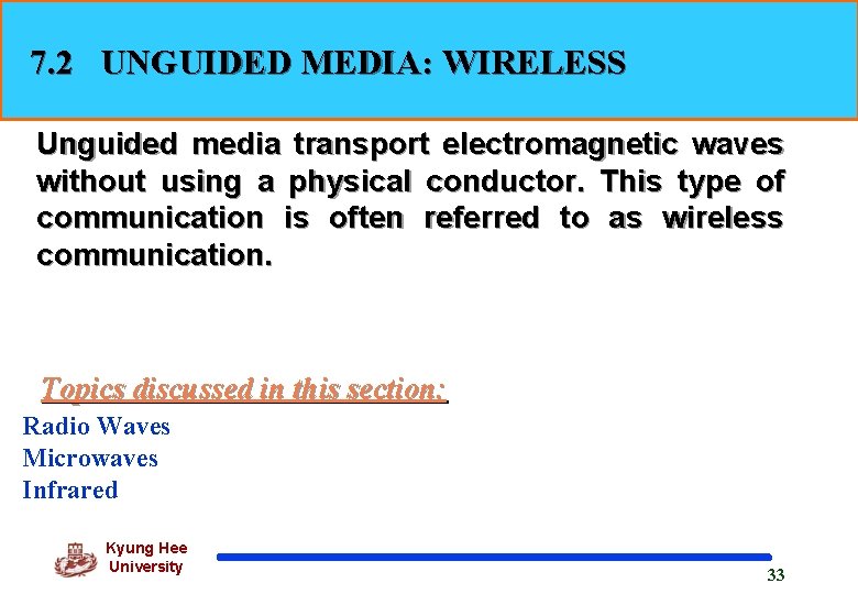 7. 2 UNGUIDED MEDIA: WIRELESS Unguided media transport electromagnetic waves without using a physical