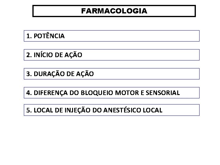 FARMACOLOGIA 1. POTÊNCIA 2. INÍCIO DE AÇÃO 3. DURAÇÃO DE AÇÃO 4. DIFERENÇA DO