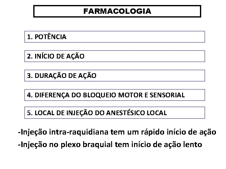 FARMACOLOGIA 1. POTÊNCIA 2. INÍCIO DE AÇÃO 3. DURAÇÃO DE AÇÃO 4. DIFERENÇA DO