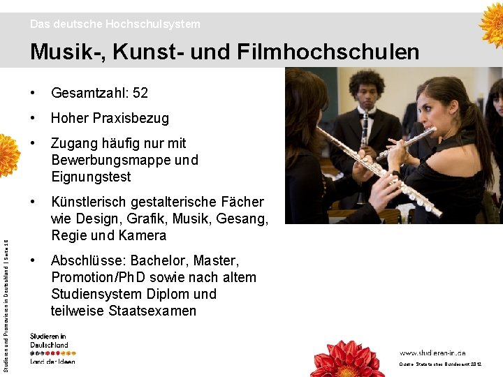 Das deutsche Hochschulsystem Studieren und Promovieren in Deutschland | Seite 18 Musik-, Kunst- und