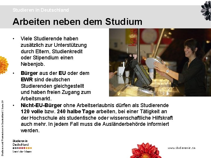 Studieren in Deutschland Studieren und Promovieren in Deutschland | Seite 29 Arbeiten neben dem
