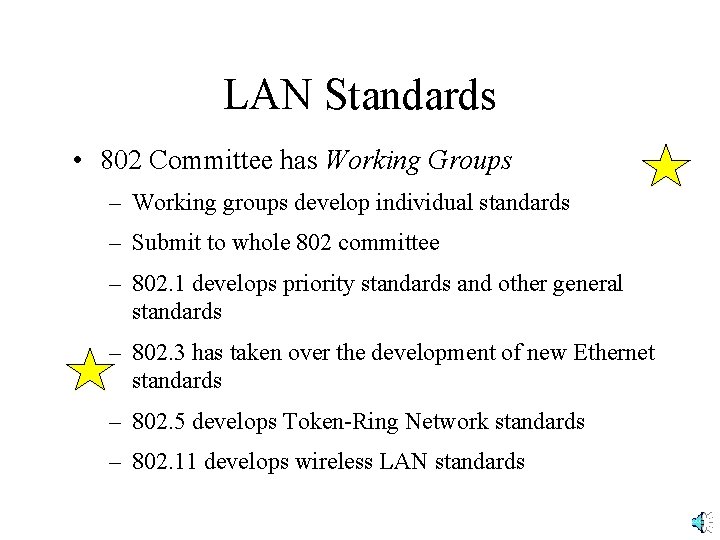 LAN Standards • 802 Committee has Working Groups – Working groups develop individual standards