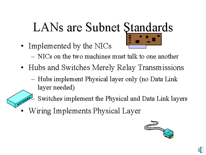 LANs are Subnet Standards • Implemented by the NICs – NICs on the two