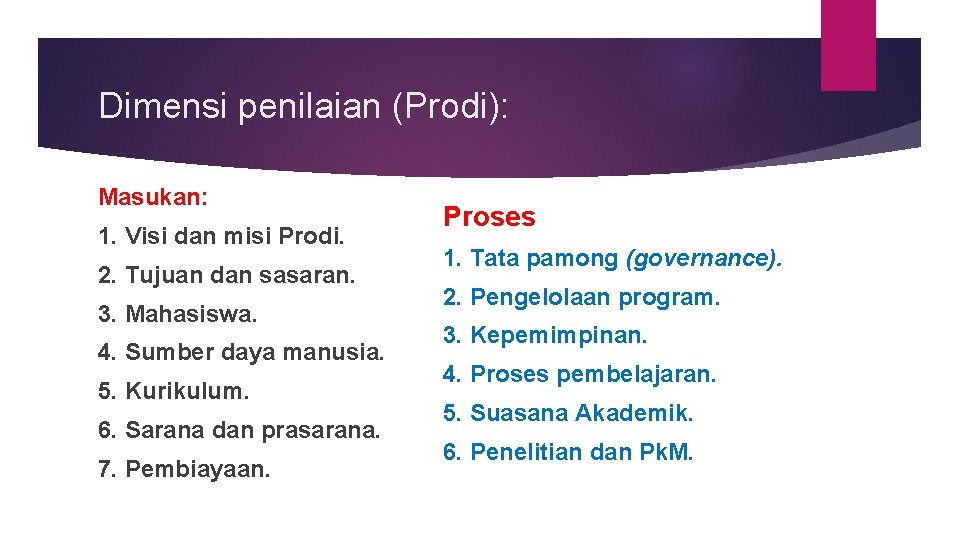 Dimensi penilaian (Prodi): Masukan: 1. Visi dan misi Prodi. 2. Tujuan dan sasaran. 3.