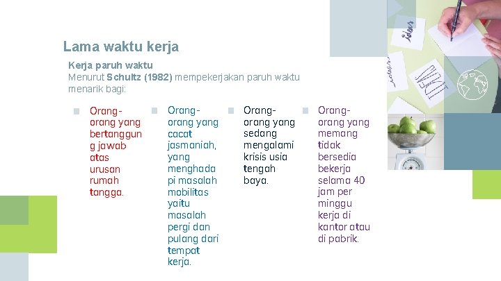 Lama waktu kerja Kerja paruh waktu Menurut Schultz (1982) mempekerjakan paruh waktu menarik bagi: