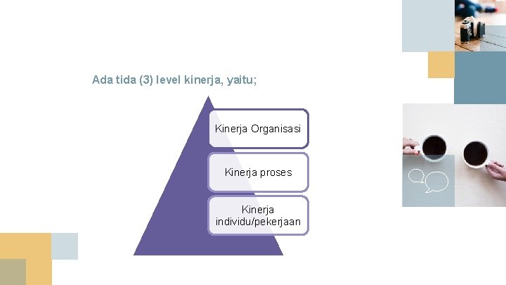 Ada tida (3) level kinerja, yaitu; Kinerja Organisasi Kinerja proses Kinerja individu/pekerjaan 