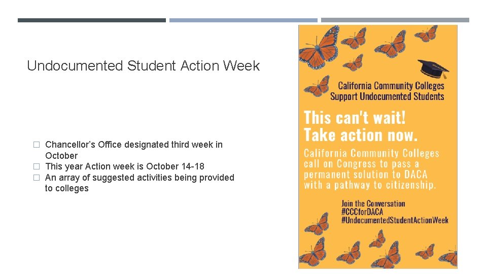 Undocumented Student Action Week � Chancellor’s Office designated third week in October � This