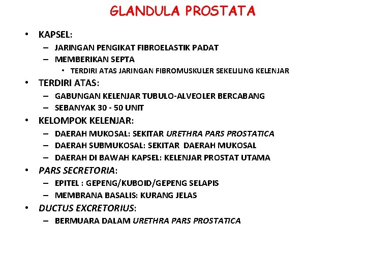 GLANDULA PROSTATA • KAPSEL: – JARINGAN PENGIKAT FIBROELASTIK PADAT – MEMBERIKAN SEPTA • TERDIRI GLANDULA PROSTATA • KAPSEL: – JARINGAN PENGIKAT FIBROELASTIK PADAT – MEMBERIKAN SEPTA • TERDIRI