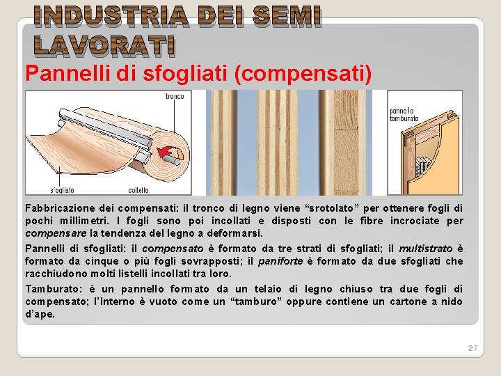 INDUSTRIA DEI SEMI LAVORATI Pannelli di sfogliati (compensati) Fabbricazione dei compensati: il tronco di