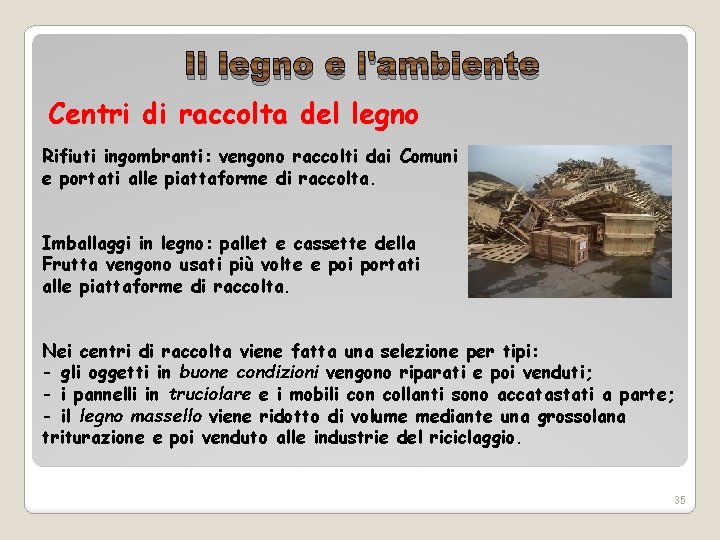 Il legno e l'ambiente Centri di raccolta del legno Rifiuti ingombranti: vengono raccolti dai