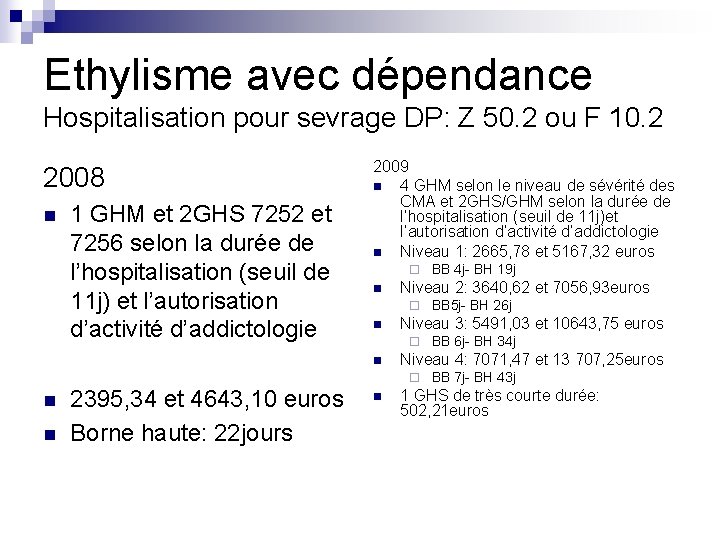 Ethylisme avec dépendance Hospitalisation pour sevrage DP: Z 50. 2 ou F 10. 2 Ethylisme avec dépendance Hospitalisation pour sevrage DP: Z 50. 2 ou F 10. 2