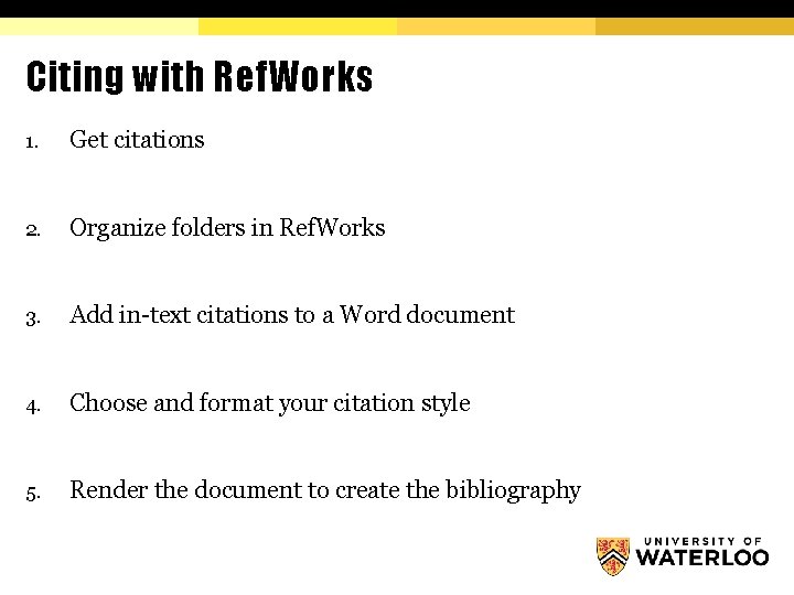 Citing with Ref. Works 1. Get citations 2. Organize folders in Ref. Works 3.