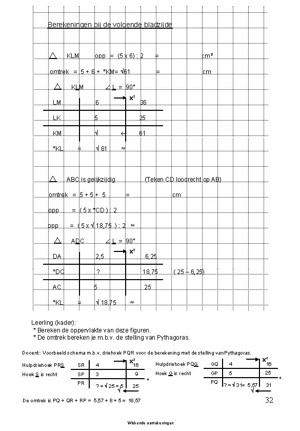 Berekeningen bij de volgende bladzijde KLM opp = (5 x 6) : 2 omtrek