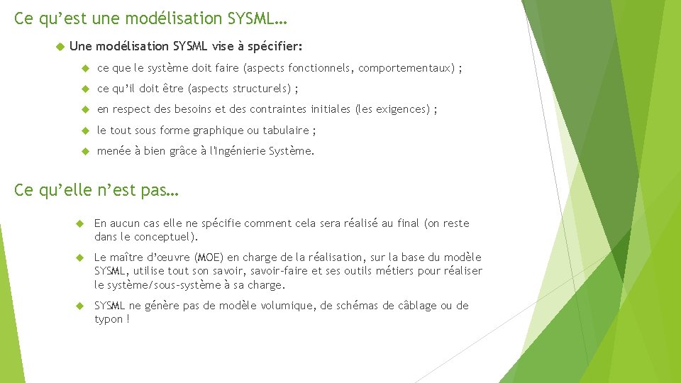 Ce qu’est une modélisation SYSML… Une modélisation SYSML vise à spécifier: ce que le